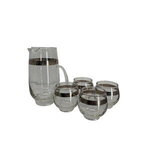Libby Dorothy Thorpe Silver Band Martini Juice Set Pitcher with 4 Glasses Wear t